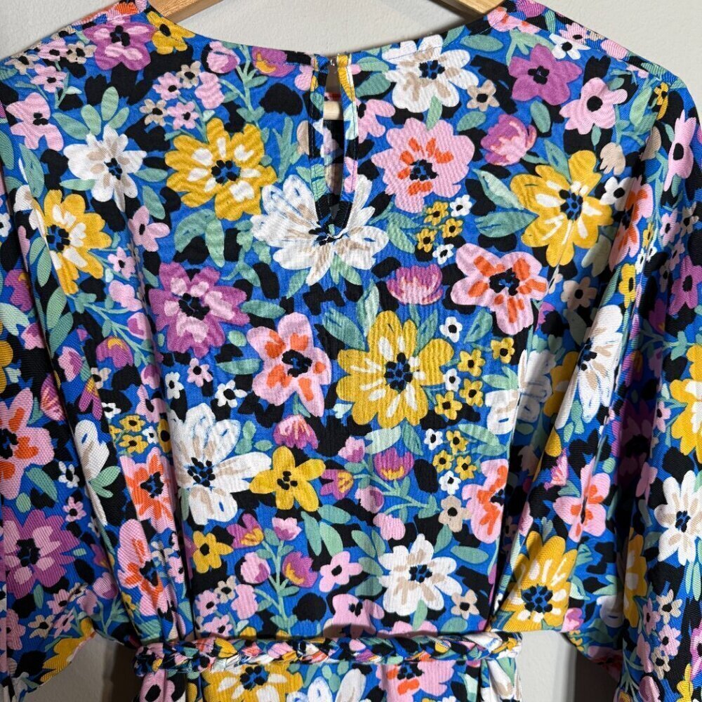 Storia Balloon Sleeve Floral Mini Swing Dress Women's Small Multicolor Belted - Picture 12 of 13